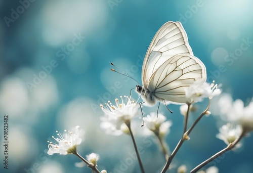 Beautiful white butterfly on white flower buds on a soft blurred blue background spring or summer in