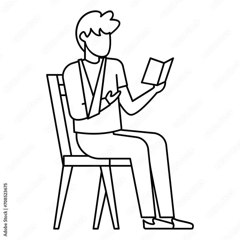 Injured person sitting on chair and reading Book Concept Vector outline Design, Medical and Healthcare Scene Symbol, Diseases Diagnostics Sign, Doctor and Patient Characters Stock Illustration