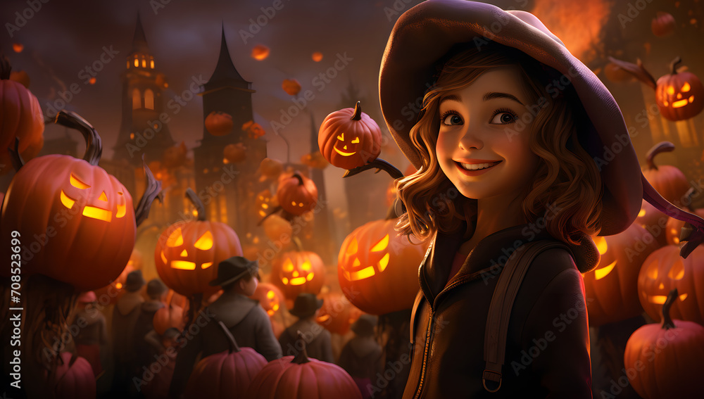 Little girl dressed as witch holding lit pumpkin in pumpkin patch. Little girl dressed as witch holding lit pumpkin in pumpkin patch.