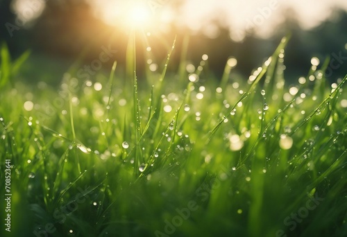 Juicy lush green grass on meadow with drops of water dew in morning light in spring summer outdoors