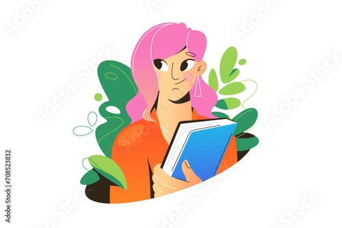 Modern young woman holding book in her hand isolated on white. Education, studying, learning, knowledge, examination or homework concept. College or university student. Character vector illustration