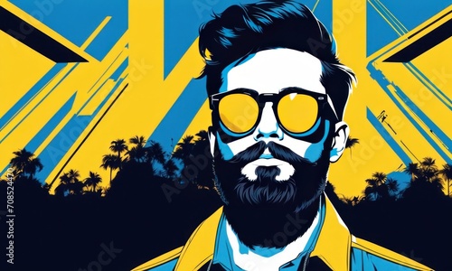 Pop art portrait of a beard man in sunglasses. Yellow and blue abstract hipster. Guy is bright and fashionable. AI