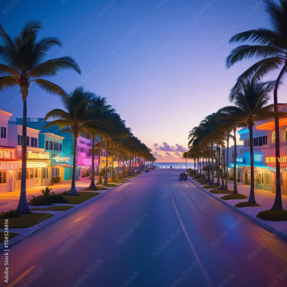 Naklejka premium Colorful beach view of Miami South Beach Ocean Drive, Palm trees and colorful beach view of Miami South Beach Ocean Drive,
