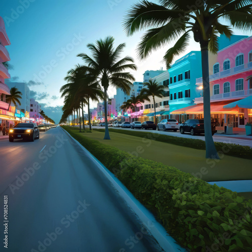 Colorful beach view of Miami South Beach Ocean Drive, Palm trees and colorful beach view of Miami South Beach Ocean Drive, © Perecciv