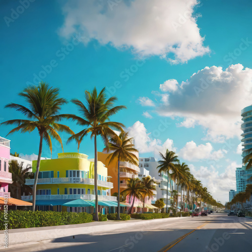 Colorful beach view of Miami South Beach Ocean Drive, Palm trees and colorful beach view of Miami South Beach Ocean Drive, © Perecciv