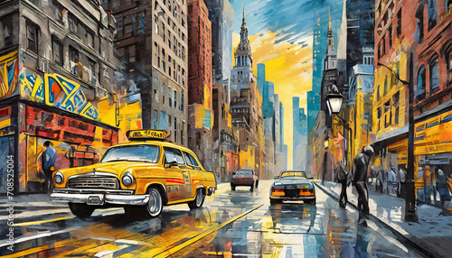 city street in new york city, watercolor art design photo
