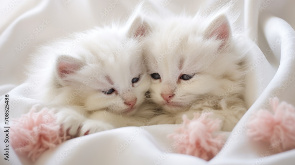 Cute white kittens, close-up portrait. small sleeping pets, feline babies covered with a fluffy blanket.