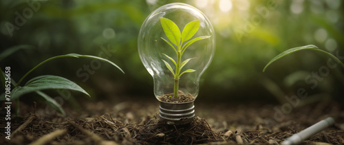 Electric light bulb featuring a small plant leaf within, representing sustainable progress and conscientious environmental initiatives by tapping into renewable energy resources photo