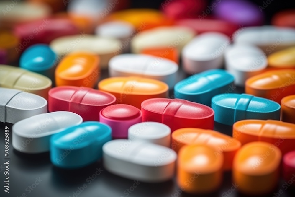 Colorful pills scattered on a black surface, Colorful pills scattered on a black surface,