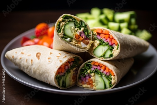 Veggie Hummus Wrap: cherry tomatoes, cucumber sliced, bell pepper, shredded carrots, red onion. healthy lunch or snack.