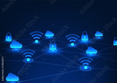 Technology background, connected geometric lines With WiFi icon and lock It represents the transmission of high-tech digital data in a secure network. Blue background, vector illustration