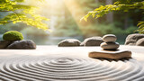 Tranquil japanese garden, serene zen garden with rock and maple tree, mindfulness, balance and harmony concept.