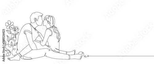 Illustration of happy couple in line art drawing style. Love and friendship black linear sketch isolated on white background. Vector illustration
