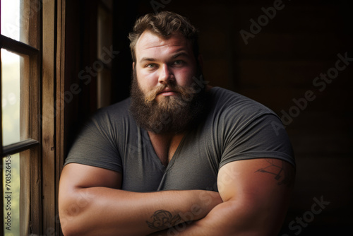 handsome thick obese man with a beard. rugged, portrait of a male person, brutal and powerful, with big strong hands.