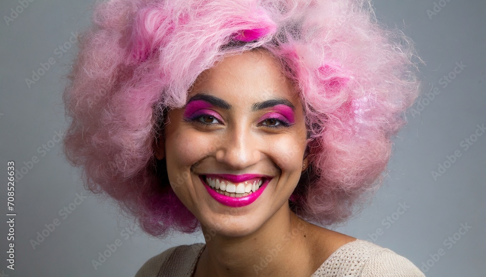 Fototapeta premium Pink haired and colored smiling woke woman
