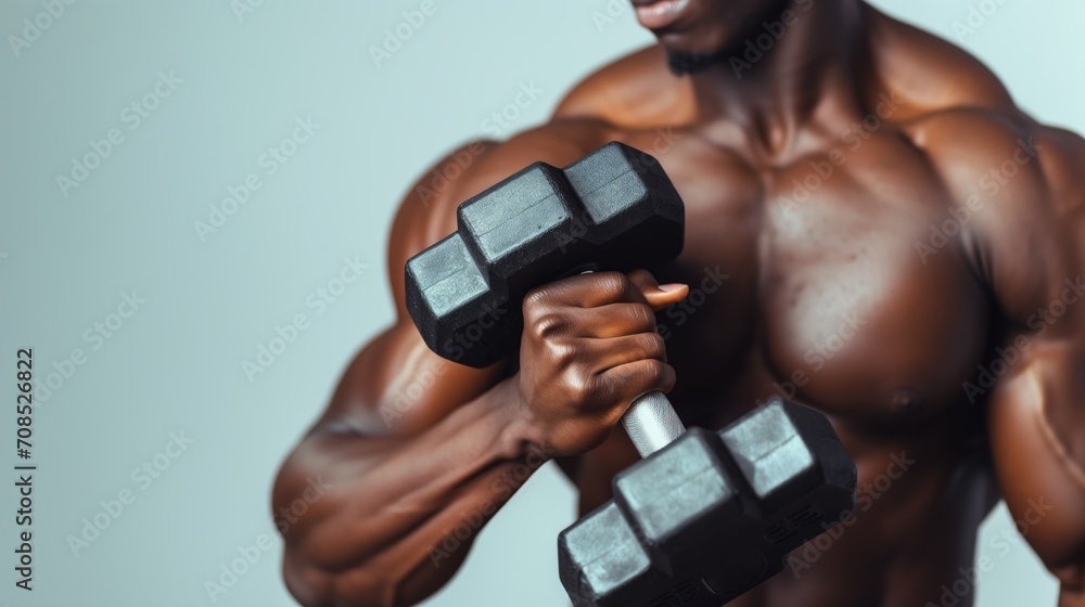 Close up muscular upper body of an african american man with dumbbell against neutral background Close up muscular upper body of an african american man with dumbbell against neutral background