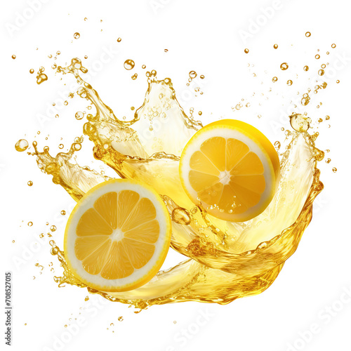 Capturing the dynamic essence of lemon juice splashes against a transparent background, featuring vibrant yellow liquid swirls and refreshing fruit drops 