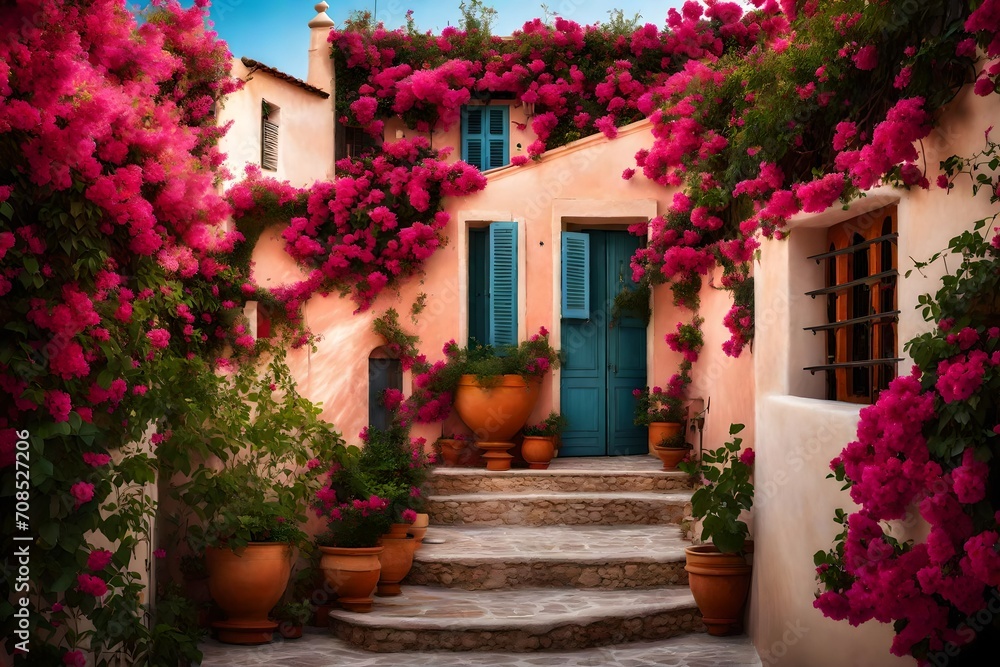 A Mediterranean-style villa with terracotta roofs and vibrant bougainvillea climbing the walls.