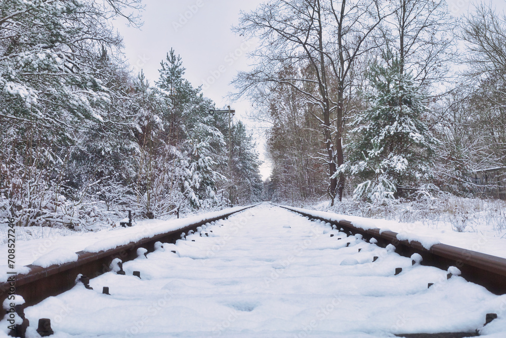 Naklejka premium Schienen - Rails - Snow - Winter - Rail Track - Cold - Background - Railroad - Concept - Railway - Horizon - Nature - Sky - Urbex / Urbexing - Lost Place