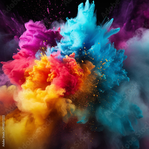Colored powder explosion against a dark backdrop. Splash of colorful dust. Abstract pattern background. Generative AI