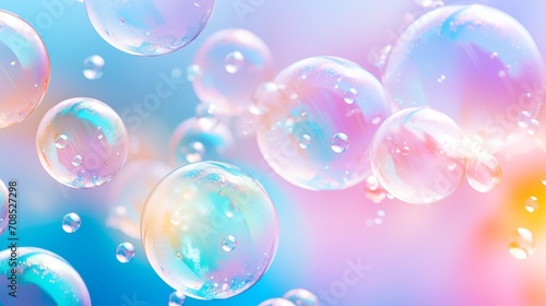 Beautiful soap bubbles in delicate pastel colors, colorful background with bubbles shimmering in the light