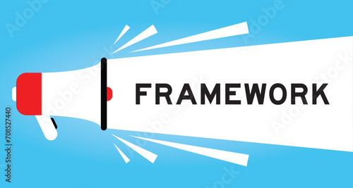 Color megaphone icon with word framework in white banner on blue background