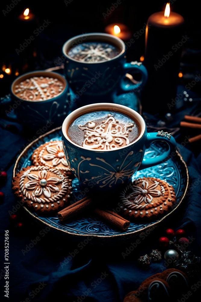 A gingerbread cookies and hot chocolate in blue cup. Generative AI