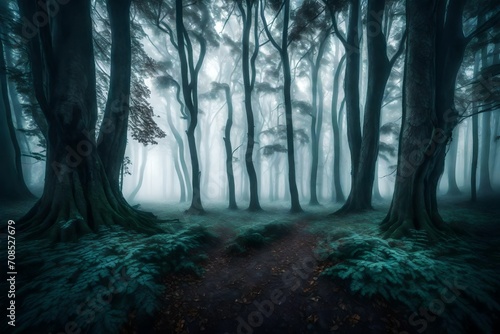 A mysterious fog enveloping a mystical forest  with tree silhouettes barely visible in the ethereal mist.