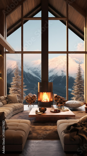 Fireplace inside a chalet with view of the mountains. Holidays in the mountains