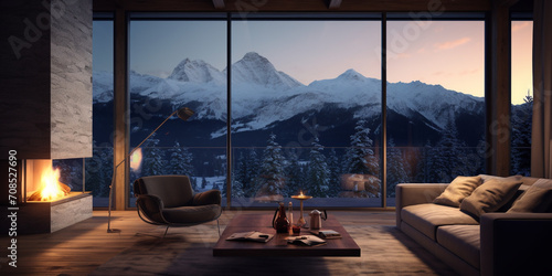 Fireplace inside a chalet with view of the mountains. Holidays in the mountains photo