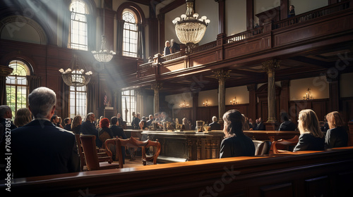 Courtroom Scene with Attentive Audience, classic courtroom environment captured in warm light with an attentive audience focused on the legal proceedings photo