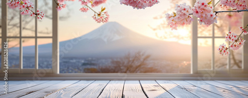 japan in the spring with cherry blossoms view blurred with bokeh out of open window photo