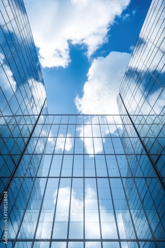 Blue glass skyscraper reflecting clouds