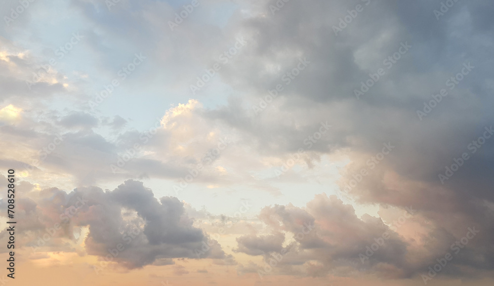 Pastel color tender dawn sky. Sunrise sky with fluffy cloud, panoramic nature weather background