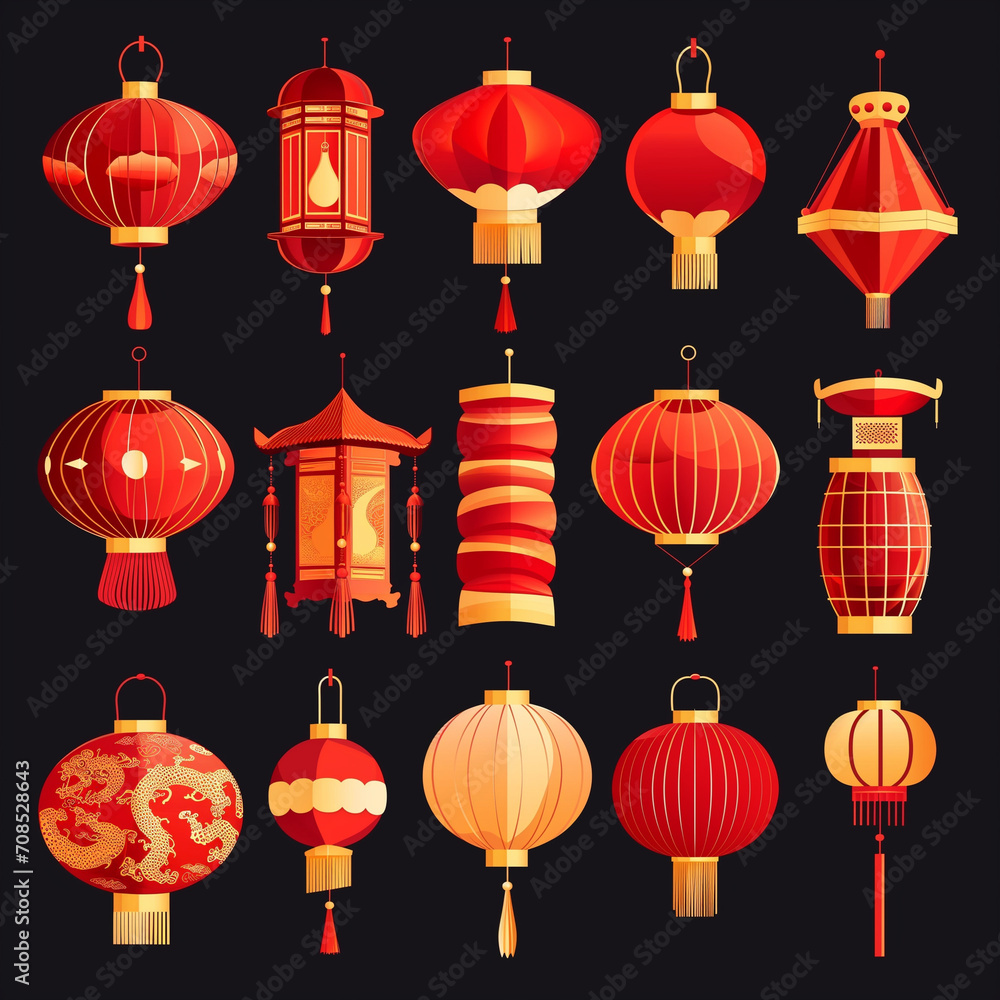 Vector set of Chinese New Year icons, featuring paper lanterns and red lamps. Illustrations depict Asian Lunar New Year holiday decorations, reflecting the richness of Oriental cultural traditions Vector set of Chinese New Year icons, featuring paper lanterns and red lamps. Illustrations depict Asian Lunar New Year holiday decorations, reflecting the richness of Oriental cultural traditions