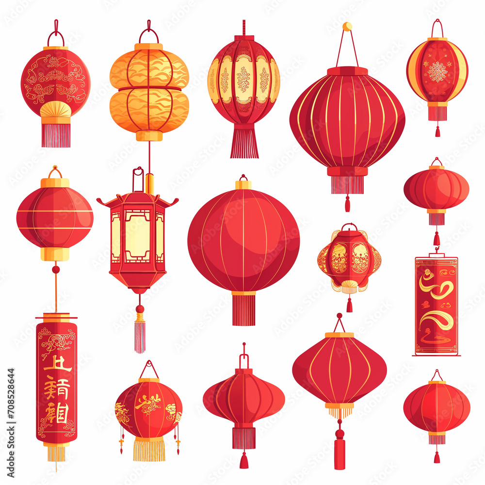 Vector set of Chinese New Year icons, featuring paper lanterns and red lamps. Illustrations depict Asian Lunar New Year holiday decorations, reflecting the richness of Oriental cultural traditions Vector set of Chinese New Year icons, featuring paper lanterns and red lamps. Illustrations depict Asian Lunar New Year holiday decorations, reflecting the richness of Oriental cultural traditions