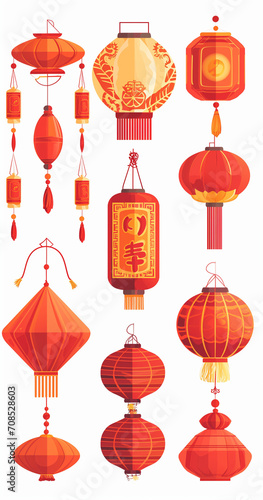 Vector set of Chinese New Year icons, featuring paper lanterns and red lamps. Illustrations depict Asian Lunar New Year holiday decorations, reflecting the richness of Oriental cultural traditions