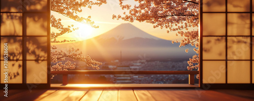 japan in the spring with cherry blossoms view blurred with bokeh out of open window photo
