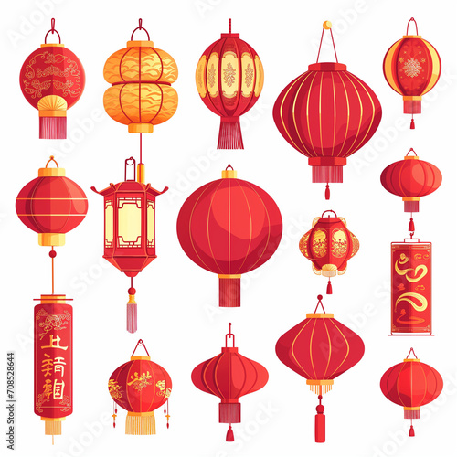 Vector set of Chinese New Year icons  featuring paper lanterns and red lamps. Illustrations depict Asian Lunar New Year holiday decorations  reflecting the richness of Oriental cultural traditions