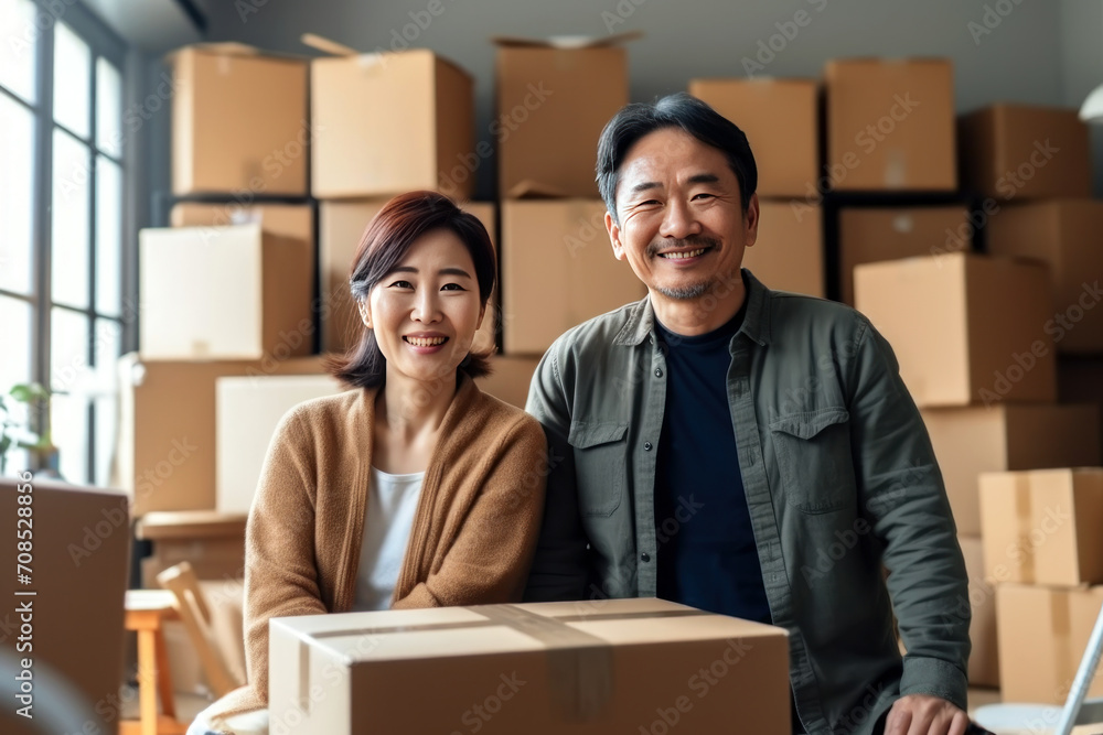 Middle-aged married asian couple on background of cardboard boxes Middle-aged married asian couple on background of cardboard boxes