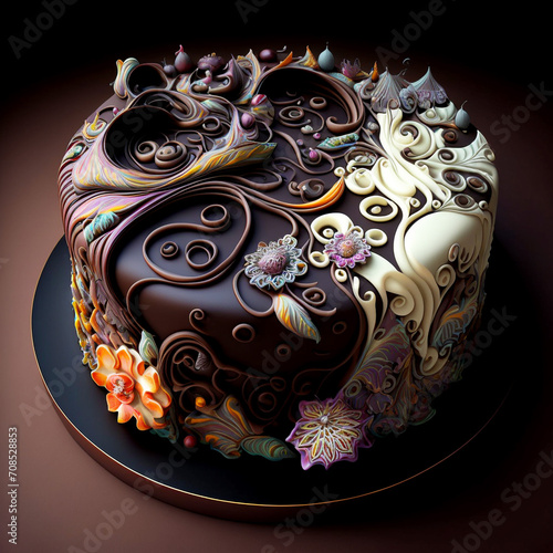 Luxury chocolate cake, unusually decorated, chocolate patterns, and flowers, for Weddings and big events, Unusual presentation on a beautiful table. Unusual background.