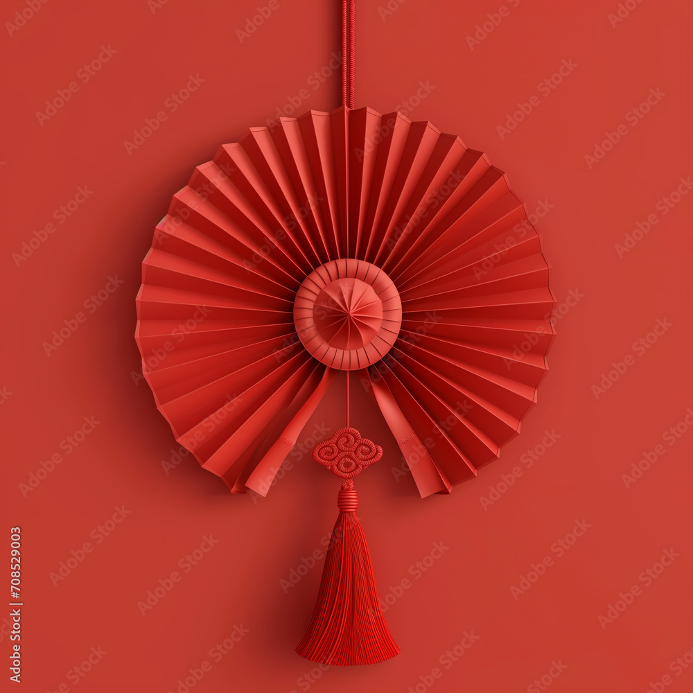 Vibrant paper fan medallion, a symbol of Chinese New Year celebration, beautifully rendered in 3D. Embrace the festive spirit with this captivating decoration, enhancing the Happy Chinese New Year bac
