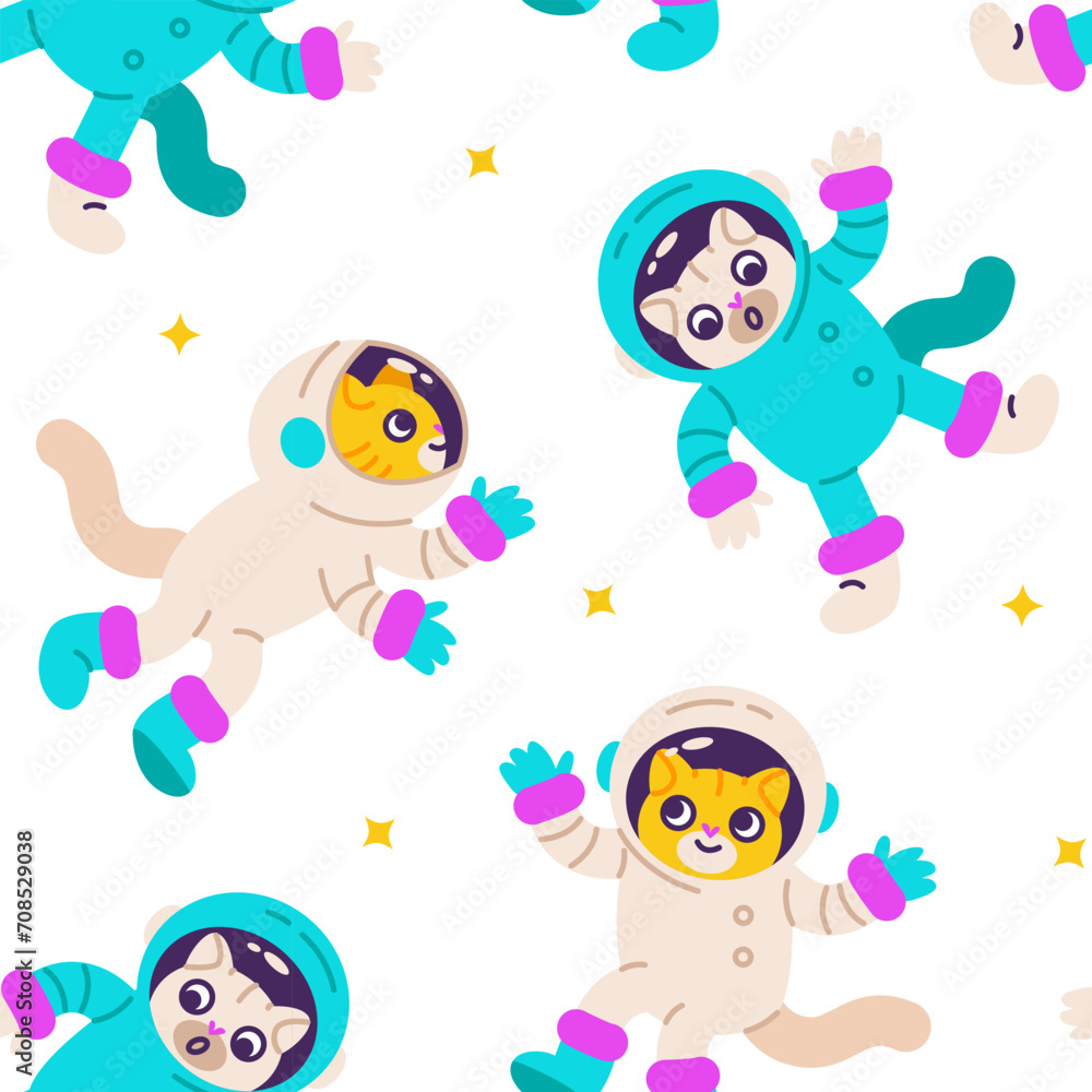 Seamless patterns with cute cats astronauts. Vector space illustration