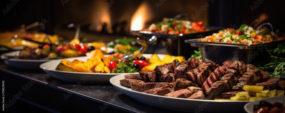 Amazing catering food, banquet table with different delicious foods on luxury celebration or wedding