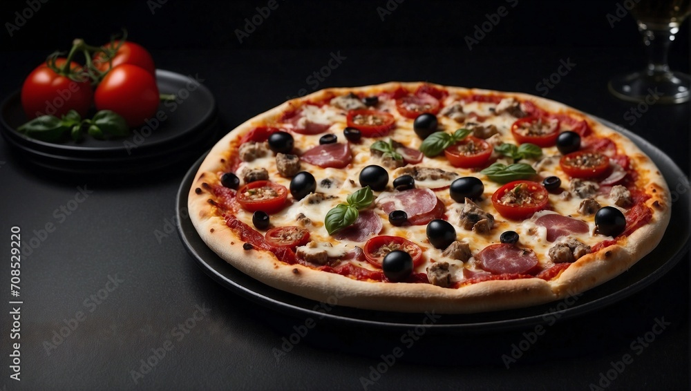 Italian Pizza on Presentation Plate on Black Background, Copy Space, Top View