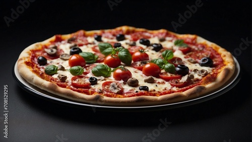 Italian Pizza on Presentation Plate on Black Background, Copy Space, Top View