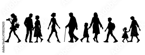 vector illustration. silhouettes of people walking along the street. Large set of characters of different ages.