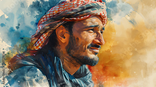 Middle Eastern Man with Colorful Keffiyeh. Watercolor photo