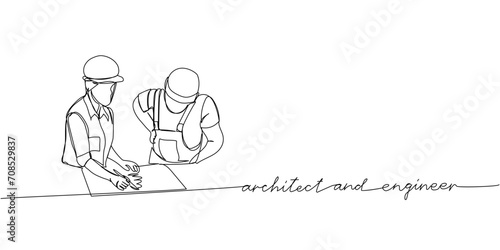 Engineer and builder, architect in working uniform one line art. Continuous line drawing of repair, professional, hand, people, concept, maintenance with inscription, lettering, handwritten.