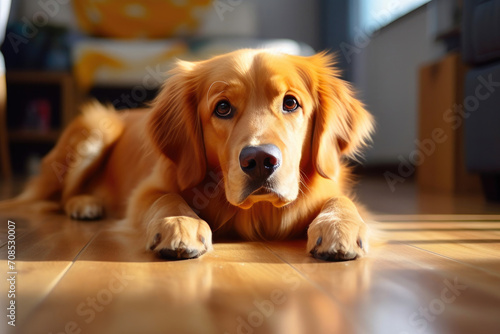Sorrowful Pup: Golden Seated in Contemporary Living Room